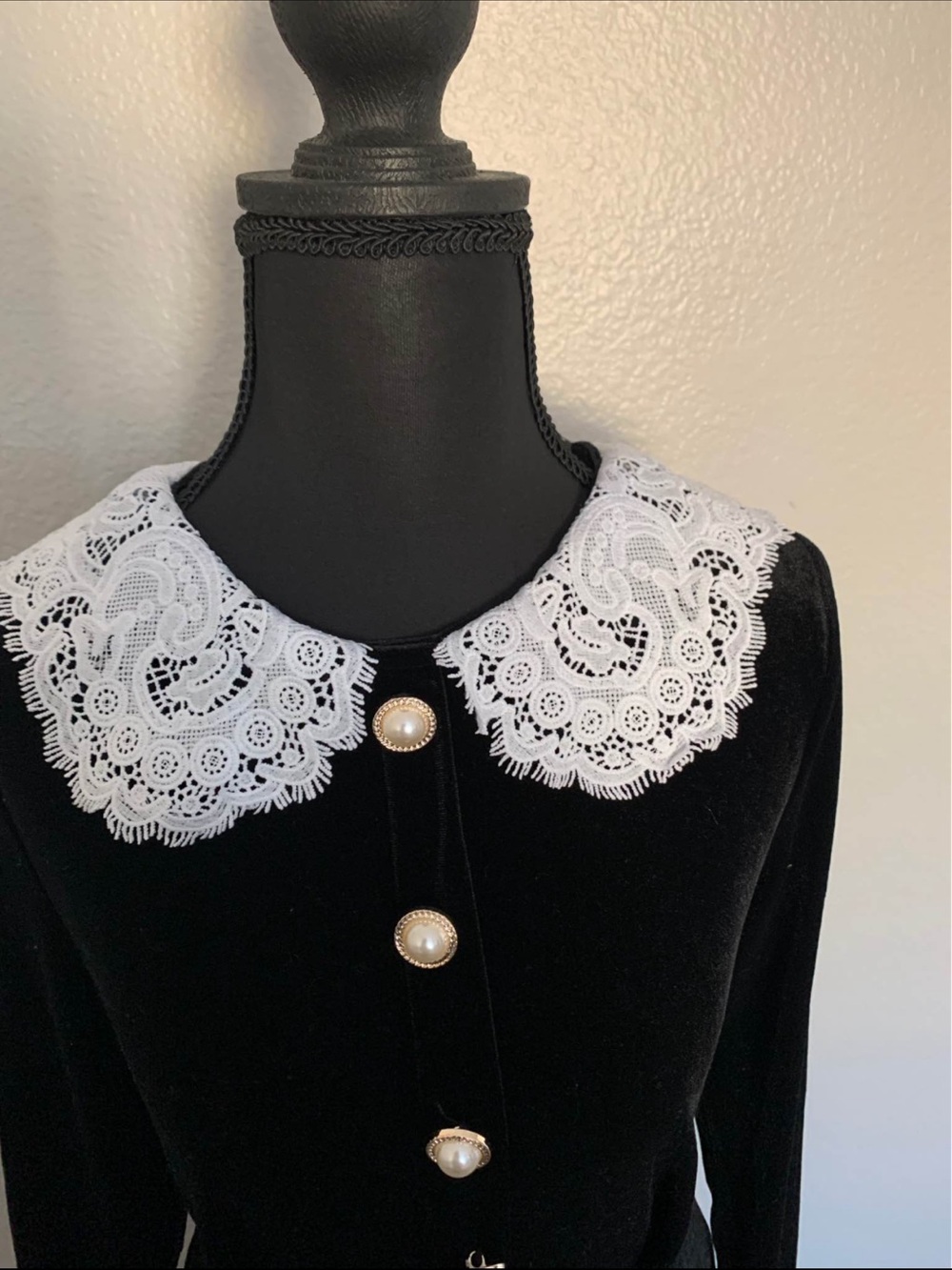 Black Velvet Dress with White Lace Collar - Picture 2 of 6